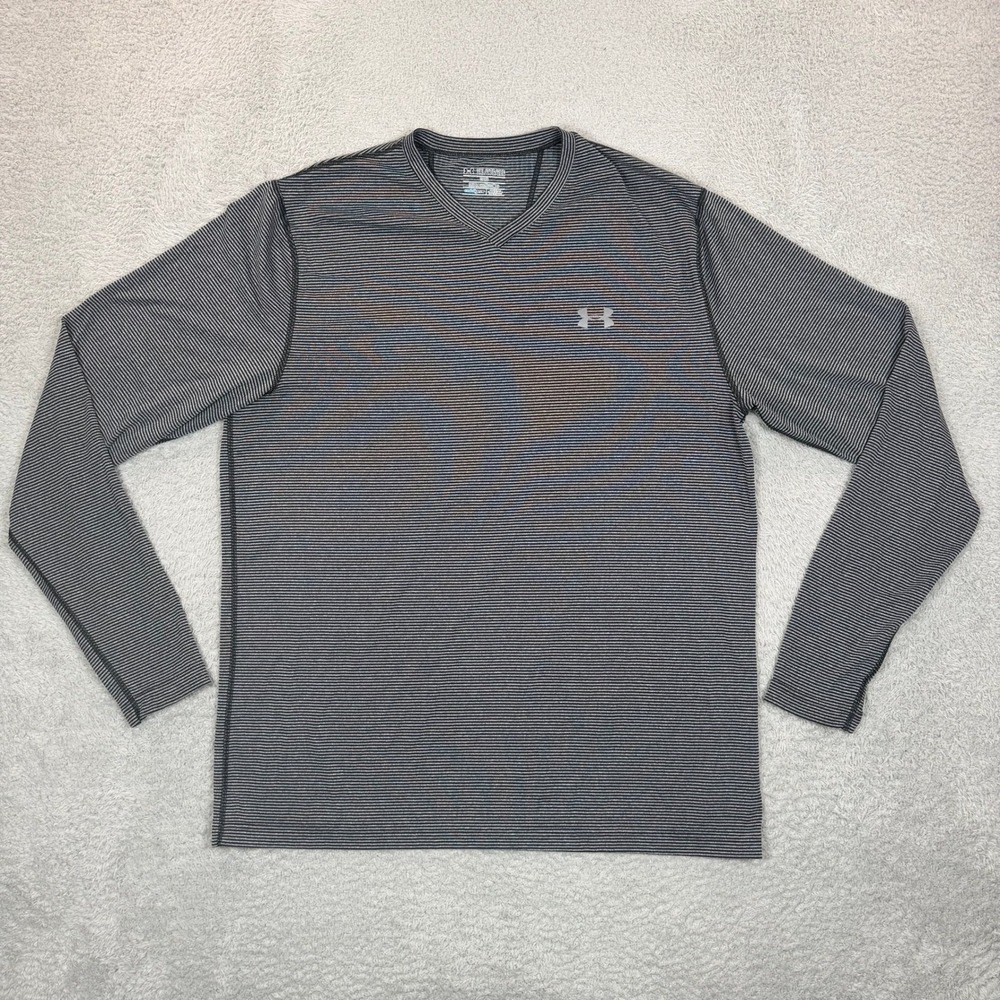 Under Armour ColdGear Mens 2XL Gray Striped Fitted V-Neck Long Sleeve Shirt